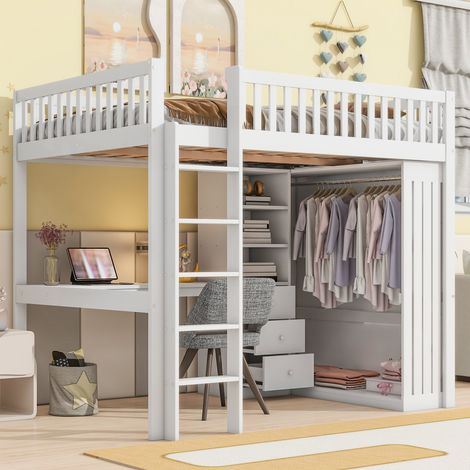 Letto a soppalco 140x200 con scrivania e armadio OKMYHOME (1/5)