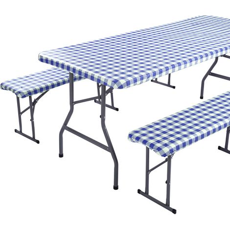 Lot de 3 housses de table de pique-nique et de banc en vinyle avec bords élastiques pour intérieur et extérieur, bleu blanc, 182,9 x 76,2 cm (1/3)