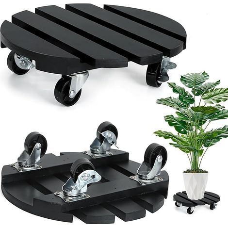 Lot de 2 supports de plantes à roulettes à 360° avec roues verrouillables - Support de pot de fleurs en bois robuste pour intérieur ou extérieur