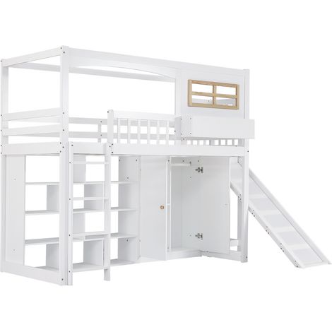 Lit superposé enfant 90x200 cm avec toboggan, armoire et rangements, blanc (1/5)