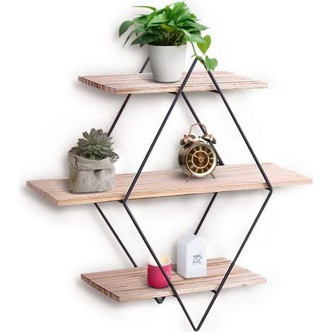 Étagère Murale en Bois et Fer Losange 3 Niveaux pour Décoration et Rangement (1/4)