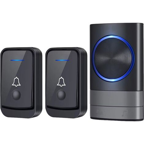 Sonnette sans fil, horloge étanche extérieure ip44 400 mètres, 52 mélodies et 4 niveaux de volume, kit d'horloge avec récepteur enfichable, lumière LED bleue, pour la maison, le Bureau (noir) (1/5)