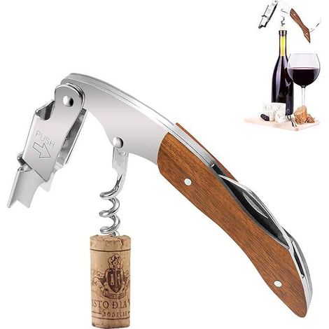 Sommelier tire-bouchon professionnel inox avec manche bois, ouvre-bouteille vin multifonction, décapsuleur et coupe-capsule intégrés, sommelier couteau acier, accessoire caviste, tire-bouchon sommelie (1/5)