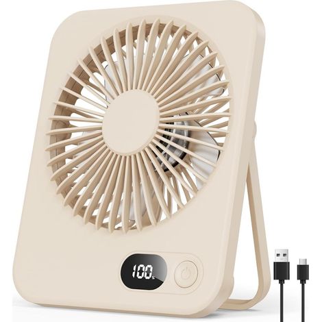 Ventilador De Escritorio - USB Recargable - 5 Velocidades - Ángulo Ajustable 180° - Diseño Ultrafino 3 8 Cm - Pantalla LED - Autonomía Hasta 8 Horas - Beige (1/5)