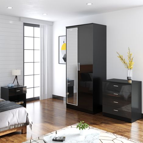 ELEGANT Modern High Gloss Wardrobe and Cabinet Furniture Set Bedroom 2 Doors Wardrobe with Mirror and 4 Drawer Chest and Bedside Cabinet, Black (1/5)