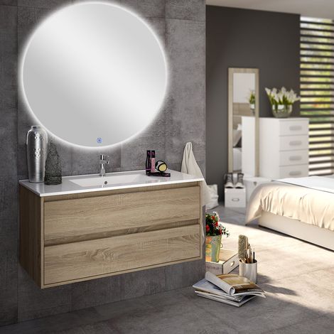 Meuble de salle de bain simple vasque - 2 tiroirs - cambrian (chêne clair) - IRIS et miroir rond Led SOLEN - 80cm (1/5)