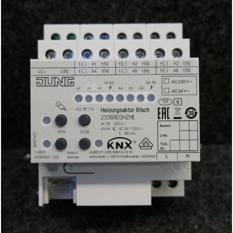 Actionneur de chauffage modulaire 6 voies système bus KNX 230V pour pose sur rail DIN 4 modules JUNG