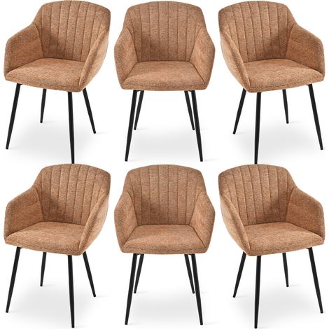 Dining chairs with armrests and lumbar support, sturdy metal frame, modern minimalistic design for living room, kitchen and bedroom - Set of 6 - Brown-Chenille