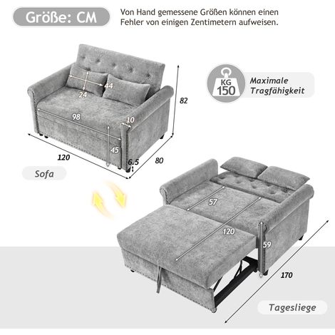 Canapé convertible 2 places, canapé-lit 3-en-1 avec dossier inclinable 3 positions, tissu chenille premium, lit d'appoint escamotable, 2 oreillers inclus, meuble gain de place moderne. (1/5)