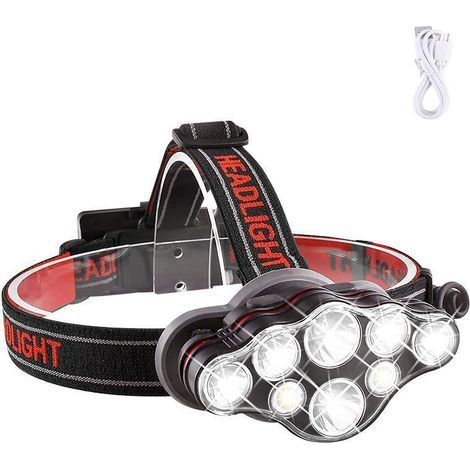 Lampe frontale LED Riloer, 1000 lumens, rechargeable et étanche, avec 8 LED, idéale pour la course à pied, la pêche, le camping, la randonnée et le cyclisme. (1/4)