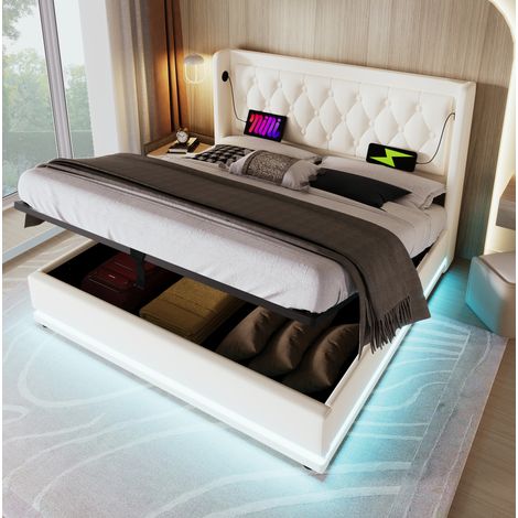 DESVIAE Lit double rembourré avec rangement hydraulique et LED 140 x 200 cm blanc PU tête de lit capitonnée avec ports USB et USB C (1/5)