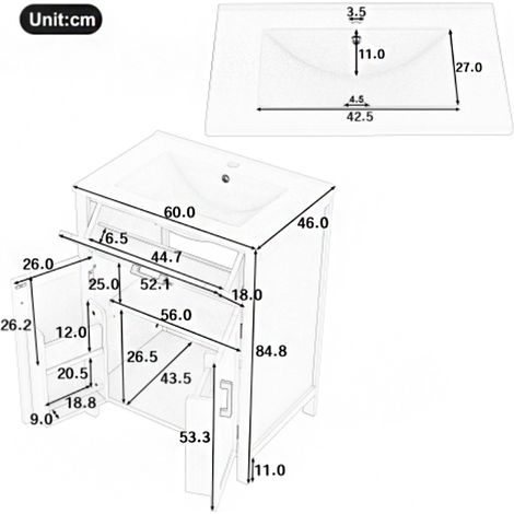 Meuble de salle de bain sur pied 60 x 46 x 84,8 cm avec vasque intégrée – Finition laquée, étagères à double porte, tiroirs pratiques, étagères réglables, vasque céramique intégrée, gris – Organisatio (1/5)