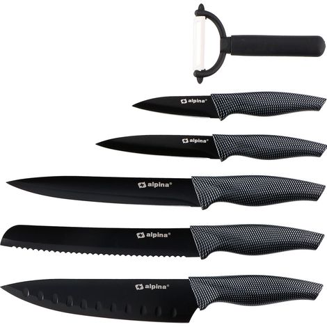 Alpina Couteaux - Ensemble de 6 Pièces - Acier inoxydable - 5 tailles - Couteau Santoku - Couteau à pain - Couteau à viande - Couteau universel - Épluche-légumes - Lames avec revêtement anti-adhérent (1/5)