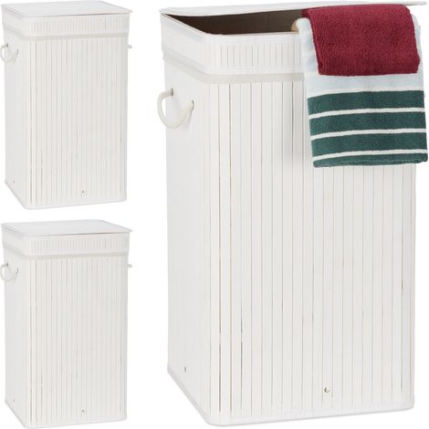 3 Cestos Ropa Sucia con Tapa, Cubo Colada, Cuadrado, Canasta, Bambú, 70 L, 63 x 36 x 36 cm, Blanco