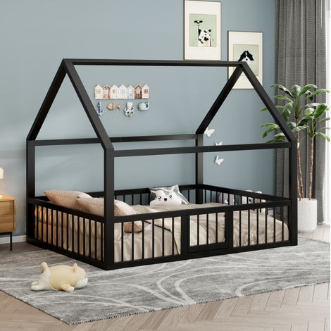 Hausbett aus Metall 140 x 200 cm Schwarz mit Sicherheitsgittern (1/5)