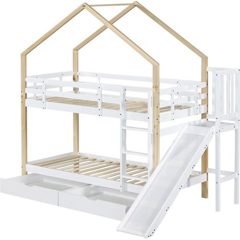 [30955901NAA]Lit superposé avec toboggan et escalier d’angle à trois marches, lit cabane avec barrière de sécurité et 2 tiroirs, cadre de lit en bois massif, blanc+naturel, 90x200cm