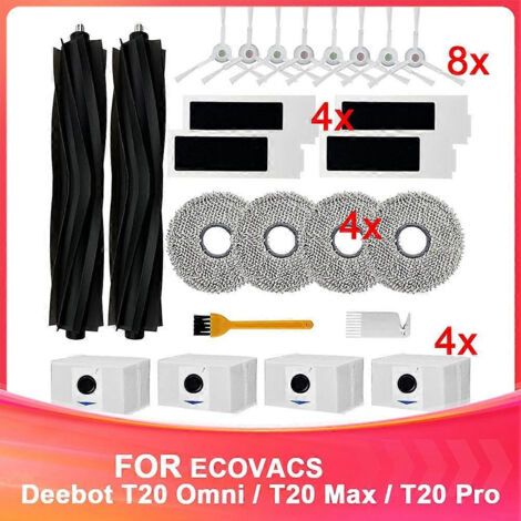 Kit d'accessoires pour aspirateur ECOVACS T20 Omni/Max/Pro/T20 Max : brosse principale, filtre HEPA, chiffon de nettoyage et sac à poussière.