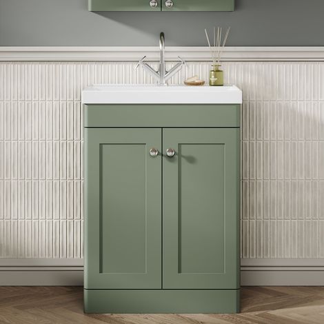 Nuie Classique Floor Standing 2-Door Vanity Unit with 1TH Thin-Edge Basin 600mm Wide - Satin Green (1/5)
