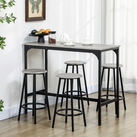 Conjunto de bar con mesa y 4 taburetes MDF gris y metal negro 110x50x89,5 cm estilo industrial (1/5)