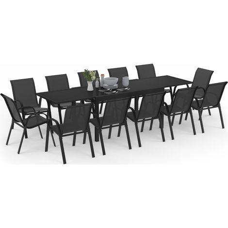 Gartenmöbel MADRID Ausziehbarer Tisch 135-270 CM und 12 stapelbare Stühle schwarz