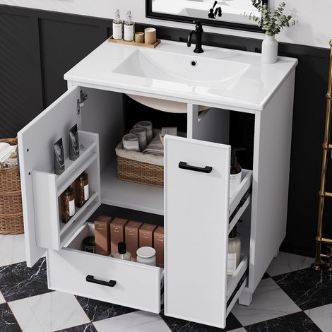 Ensembles meuble de salle de bains, meuble vasque sur pied avec vasque, 76,5x47x82 cm, surface laquée, tiroir coulissant, blanc (1/5)