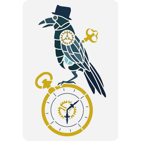 Pochoir Corbeau Steampunk 8,3 x 11,7 pouces, pochoir de peinture ajouré, gabarit de dessin de corbeau, pochoir à motif d'horloge à ressort, pochoir mécanique (1/5)