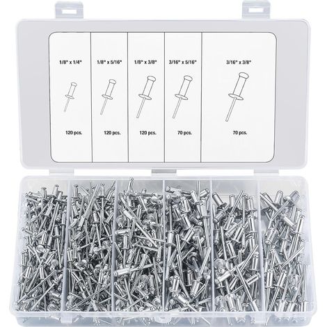 Lot de 500 rivets aveugles en aluminium et acier, 5 tailles, rivets pop à tête plate pour métal, bois, plastique, 3,2 mm et 4,8 mm (1/5)