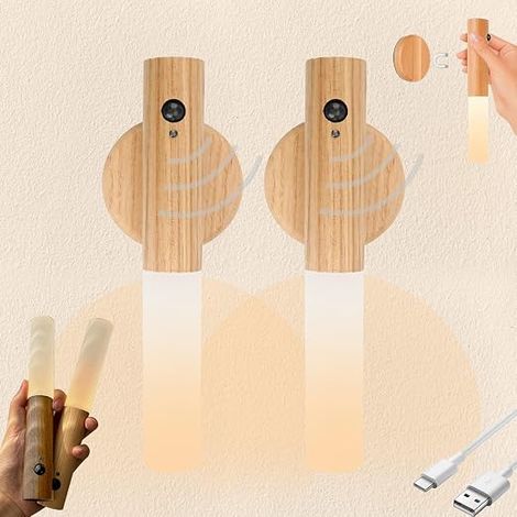 Lumiere Murale Sans Fil Magnetique Applique Murale en Bois Veilleuse LED Rechargeable USB Intérieure Detecteur De Mouvement Chambre Couloir Escalier (1/5)