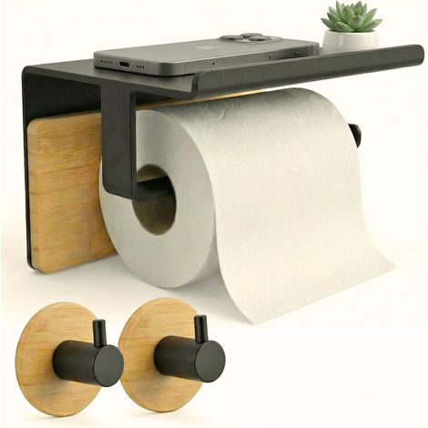 Porte-rouleau de papier toilette adhésif avec étagère + 2 crochets, en acier inoxydable noir et bambou, support pour papier toilette mural sans perçage, avec accessoires de salle de bain (1/5)