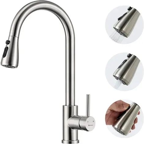Mitigeur Cuisine Brossé Rotatif à 360° Robinet de Cuisine avec Douchette Extractible en Acier Inox Robinetterie Cuisine d'Évier avec 3 Modes
