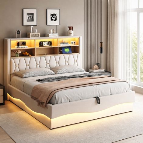 Cama con almacenaje 180x200 cm con LED APP, USB y somier metálico beige HAVRYA (1/5)