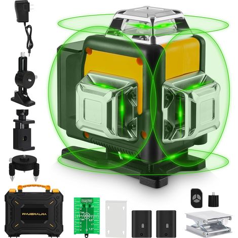 Niveau laser 360° autonivelant, niveau laser 16 lignes, outil de niveau laser 4D à lignes croisées vertes, deux lasers verticaux 360° et deux lasers horizontaux 360° avec télécommande (1/5)