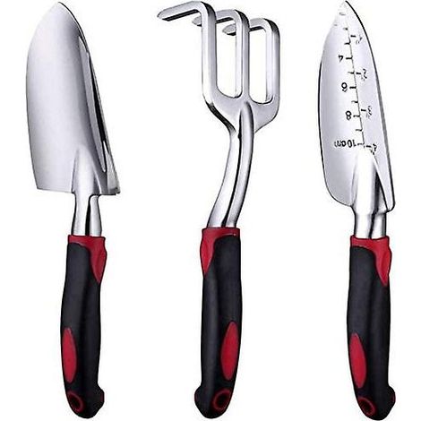 Ensemble de 3 outils de jardinage en aluminium comprenant une truelle, un transplantoir et un râteau à main. Poignée ergonomique antidérapante et confortable. Couleur : rouge cerise. (1/3)