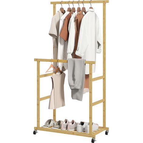 Portant à vêtements à roulettes, porte-manteau double barre en bambou avec étagère inférieure, 80x40x160cm, bois naturel (1/5)