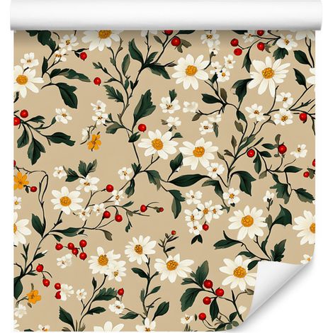 Papier peint à motifs de marguerites beige, crème et marron pour salon et chambre 50x1000 cm (1/5)