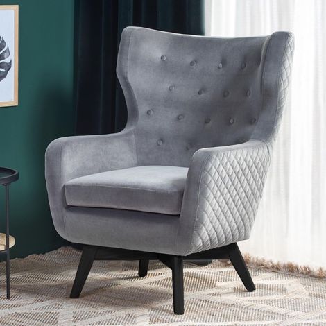 Fauteuil en velours gris avec dossier haut et pieds noirs en bois massif Sussex (1/5)
