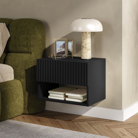 Comodino Sospeso da Parete Nand con Cassetto e Scomparto 42x30x30 cm Nero [en.casa] (1/5)