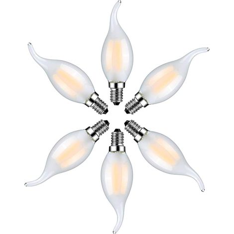 Set of 6 LED Flame Bulbs E14, 4W, Warm White, 2700K, Filament Candle Bulbs for Chandeliers, Frosted Glass