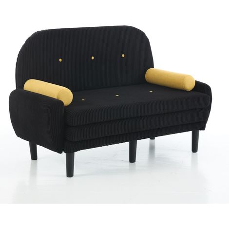 CAIziCanapé 2 places en velours côtelé noir pour le salon, convertible en lit de jour et fauteuil relax avec rangement. (1/5)