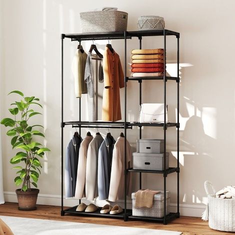 Armoire en tissu 111x43x185 cm noire, 2 penderies, 6 étagères, structure acier renforcé, montage sans outil (1/5)