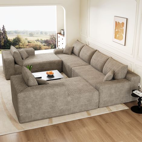 Ampio divano angolare modulare a forma di U a 8 posti in velluto a coste kaki,senza struttura rigida,con imbottitura in schiuma compressa,302x242 cm (1/5)