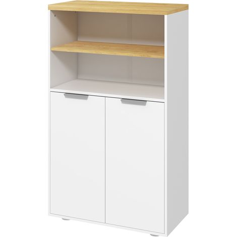 Meuble de rangement pour salle de bain avec 2 portes et 2 compartiments ouverts dim. 60L x 30P x 102H cm, blanc (1/5)