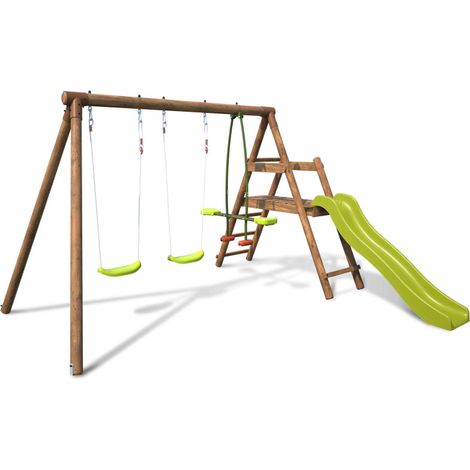 Balançoire en bois traité 3 agrès et toboggan Figue (1/5)