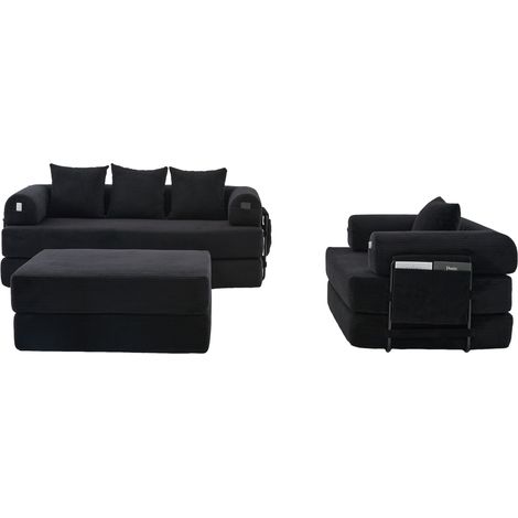 Divano modulare 4 posti in corduroy nero con pouf, struttura in metallo, tasca laterale e 4 cuscini (1/4)