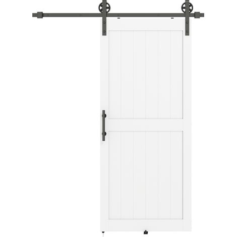 Porte coulissante rustique avec rail et poignée, bois et acier, 183 x 0,6 x 4 cm, noir et blanc.