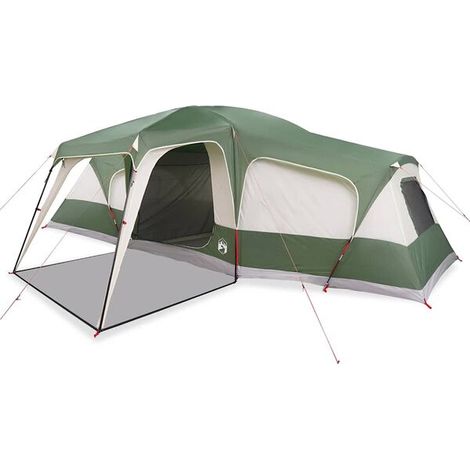 Tente familiale avec dôme de véranda, pouvant accueillir 9 personnes, verte et imperméable.