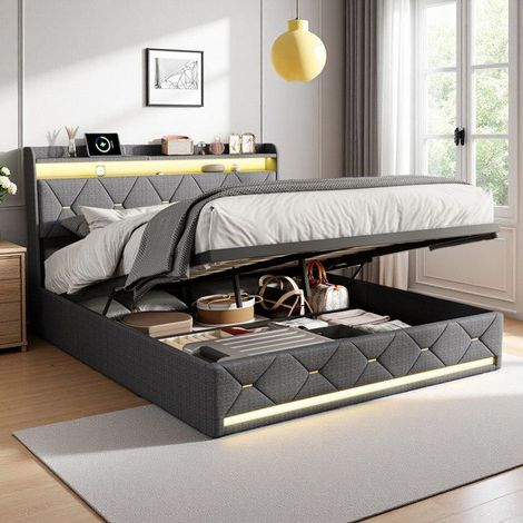 Cama con cabecero acolchado - 160x200 - Almacenamiento hidráulico - Carga inalámbrica 15W y USB - LED RGB integrada