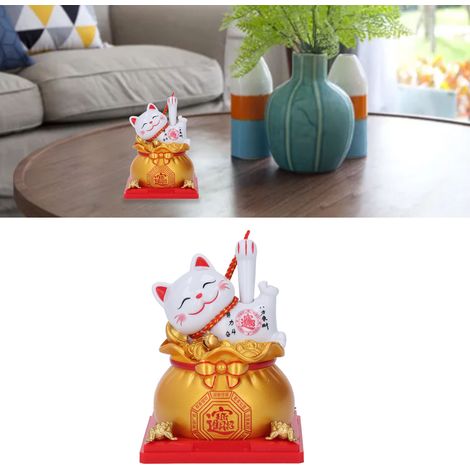 Estatua de gato de la suerte con energía solar, brazo que se mueve automáticamente y bolsa de la suerte - Decoración de plástico dorado para el hogar y el coche (7,8 x 10,6 cm) (1/5)