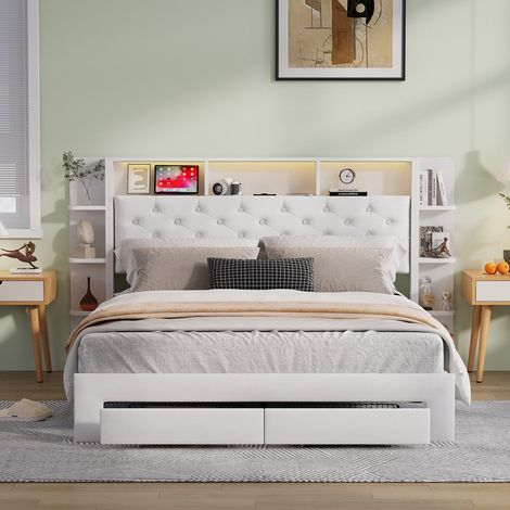 Letto 140x200 cm, matrimoniale con struttura in legno, 4 cassetti profondi, LED ambiente + Hub di ricarica, flanella - Bianco (1/5)