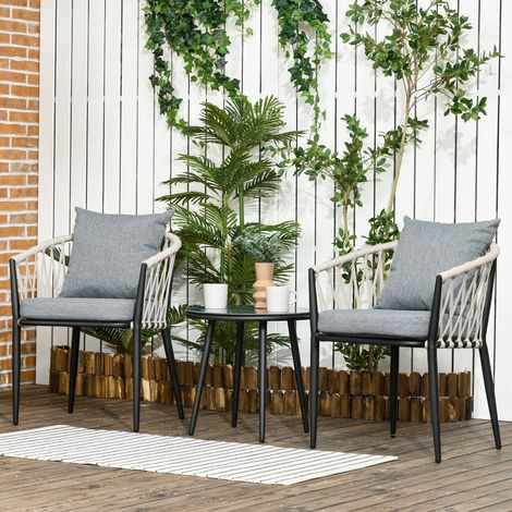 Ensemble de mobilier de jardin pour 2 personnes comprenant 1 table, 2 chaises avec coussins d'assise, ensemble de balcon, acier, gris (1/5)